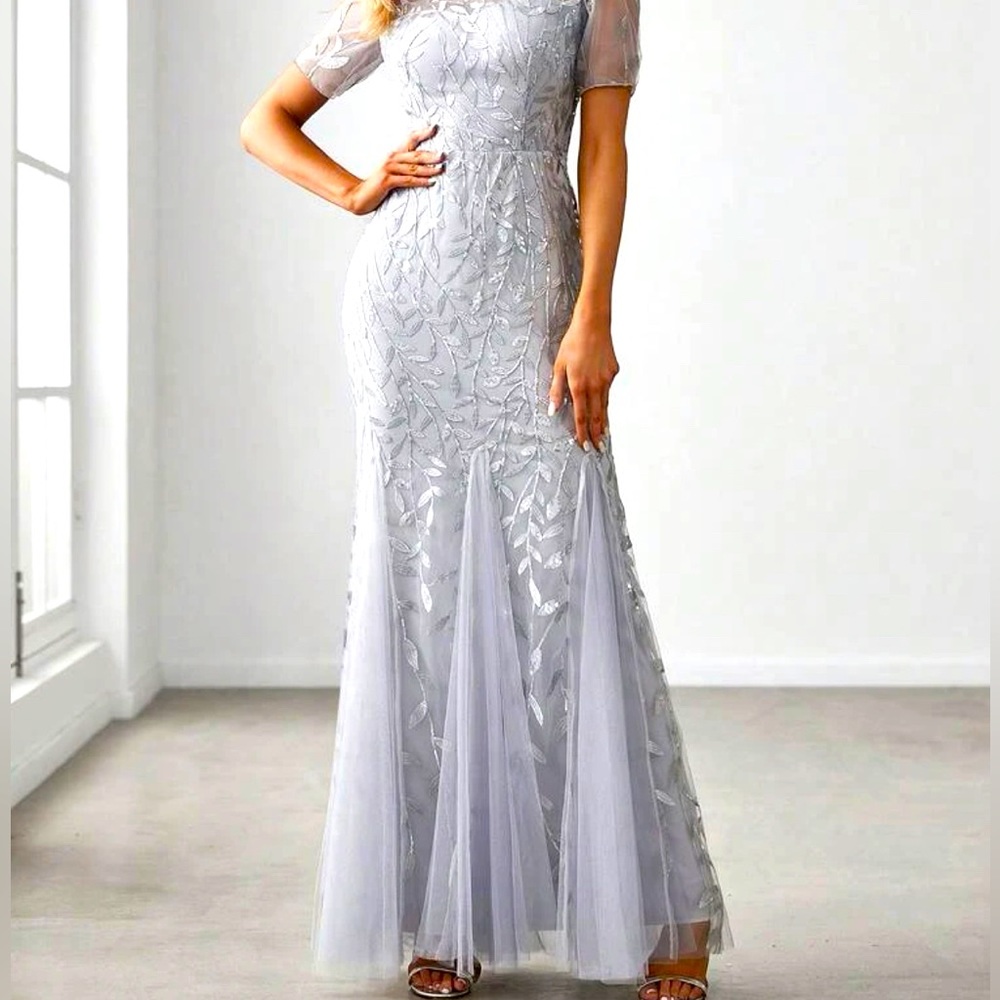 Ever-Pretty Embroidery Mermaid Evening MTB Gown Sz 8 Silver/Grey NWT Never Worn